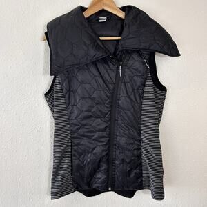 Mondetta Black Puffer Vest Asymmetrical Collar Gray Stripes Yoga Running Sz L
